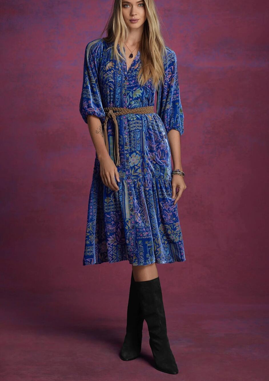$465 Johnny Was Yoka Burnout Royal Blue Midi Dress Velour Velvet Silk Medium M